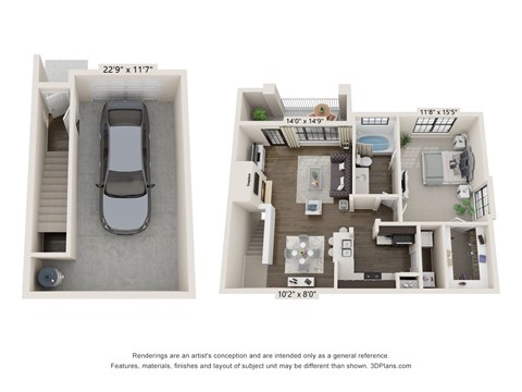Floor plan for 1 bed, 1 bath, 896 sqft